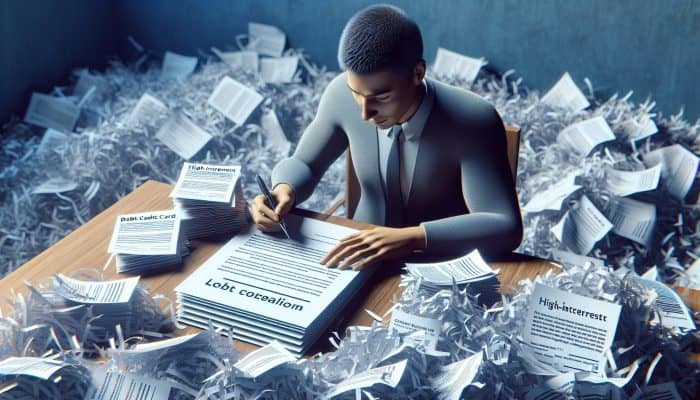 Debt Consolidation for Auto Loan Debt: A Comprehensive Guide | DCL Person signing loan document with lower rate, surrounded by shredded high-interest papers, symbolizing debt consolidation.