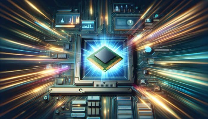 Futuristic interface showcasing browser caching icons, a central glowing RAM chip, and high-speed data streams.