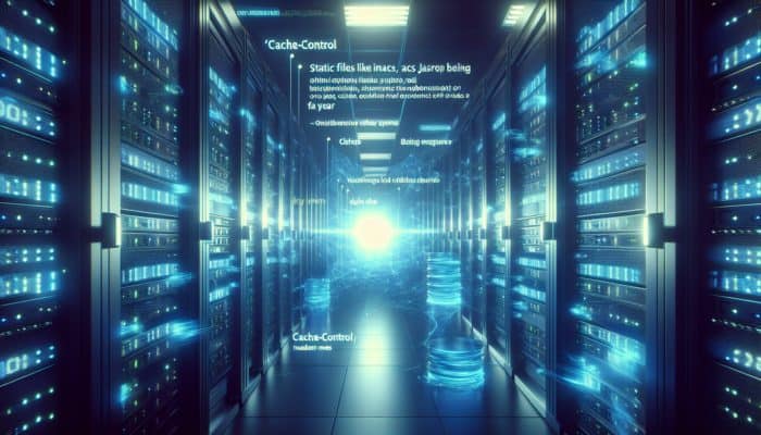 A server room with 'Cache-Control' headers displayed, indicating static files cached for a year to enhance load times.