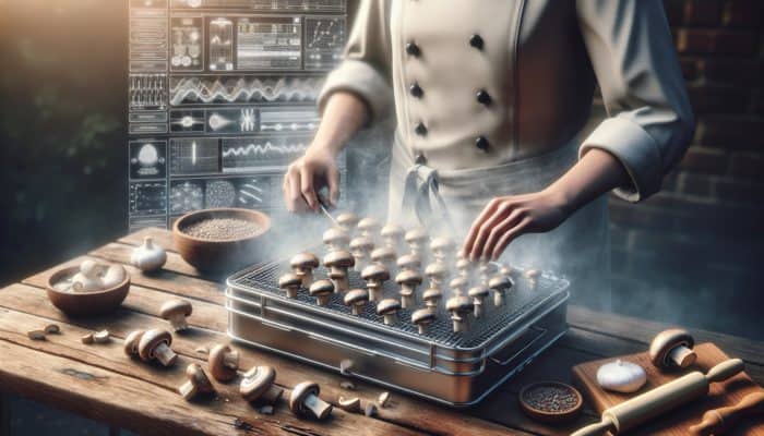 A chef meticulously preparing mushrooms for smoking: slicing, seasoning, and arranging on a smoker rack with rising smoke.
