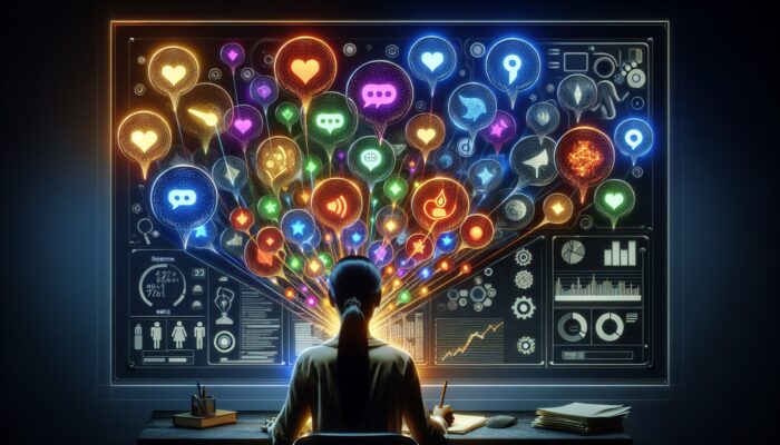 A person analysing user feedback bubbles on a digital interface, distinguishing valuable insights from irrelevant comments.