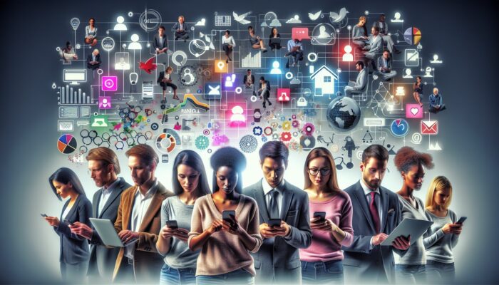 A diverse group analysing rental service feedback from websites and social media, using devices and viewing data visualisations.