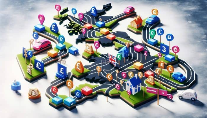 How to Consolidate Debt Across State Lines: A Guide | DCL A UK map illustrating various debt consolidation loan options with paths and signposts indicating unique benefits and tailored solutions.