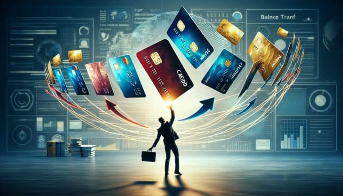 How to Consolidate Debt Across State Lines: A Guide | DCL Individual juggling credit cards, transferring balances to a new card with lower interest in an office.