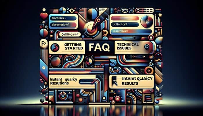 A user-friendly FAQ page on a computer screen with sections like "Getting Started," "Technical Issues," and "Billing Questions," along with a search bar.