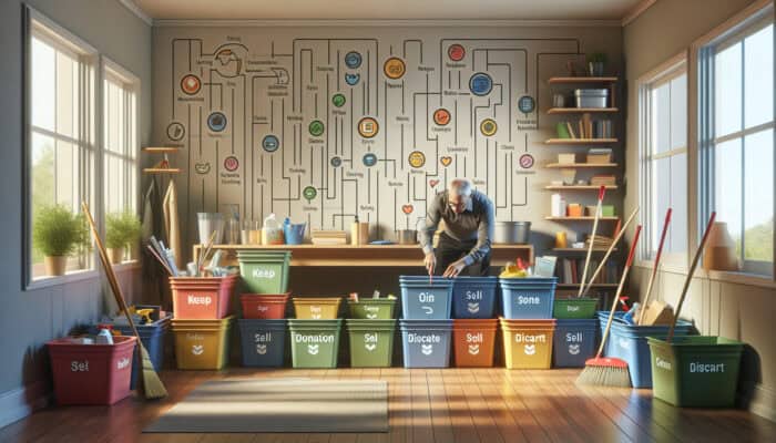 Individual sorting items into labelled bins for budget house clearance, with cleaning supplies nearby.