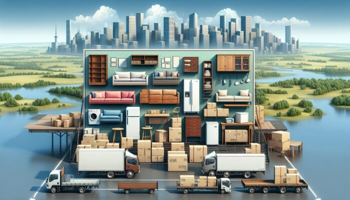 Furniture, appliances, and boxes loaded into different pickup trucks, depicted in both urban and rural settings with varied terrains.