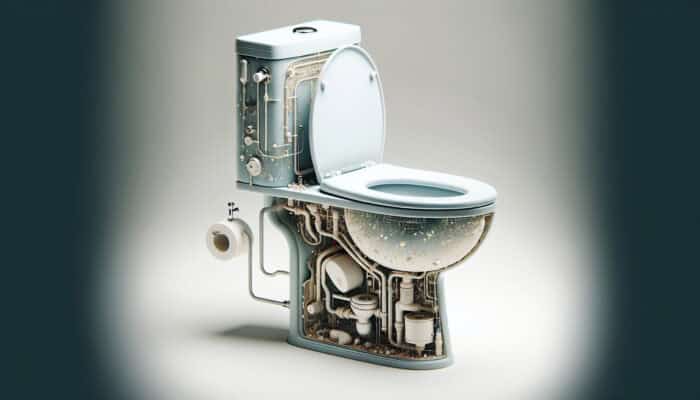 Cross-section of a modern toilet showing bowl, tank, seat, and internal flushing mechanisms, labeled on a white background.
