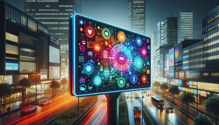A vibrant digital billboard on a bustling city street showing a local business ad with address, phone, and product links.