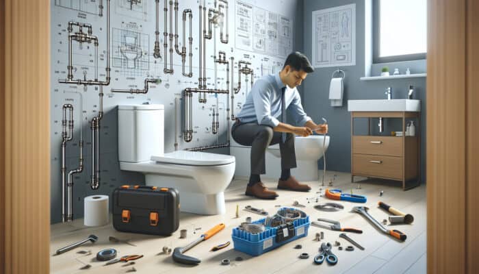 Visual representation of modern toilet installation in a Langley home, highlighting plumbing, tools, and technician.