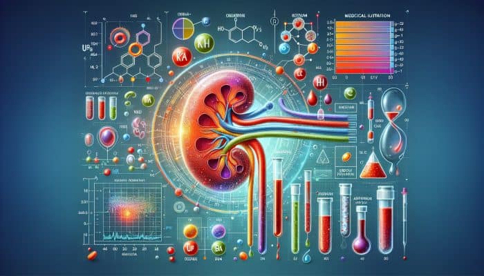 Illustration of kidney blood test showing creatinine, BUN, sodium, potassium levels and kidney function indicators.