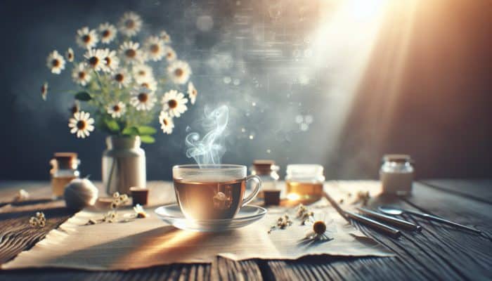 A cup of chamomile tea on a wooden table, surrounded by soft light and gentle steam, symbolising tranquillity.