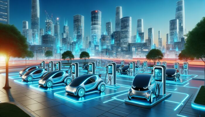Futuristic cityscape featuring modern electric vehicle rental stations, vibrant displays, eco-friendly designs, clear blue sky.