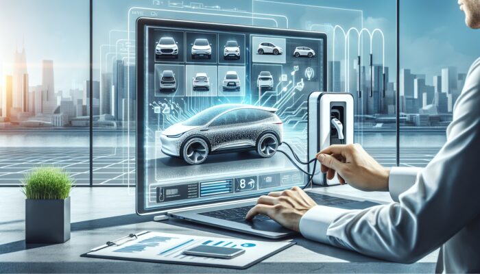 Individual completing an EV rental on a laptop, featuring EV models on the screen, charging station, and city skyline.