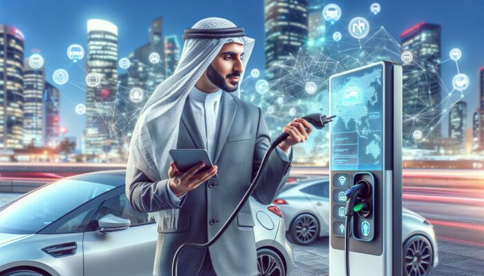 Individual using a touchscreen to locate charging stations for an electric rental car in a city environment.