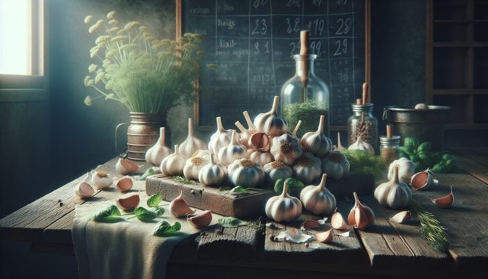 Garlic bulbs, peeled cloves, and herbs on a rustic table, symbolising UK herbal medicine.