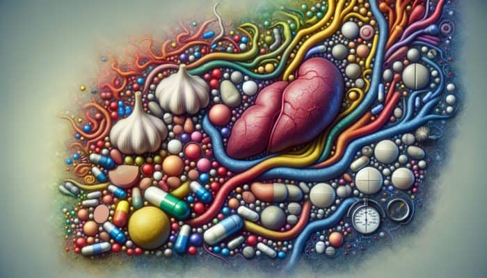 Garlic cloves interacting with medications like warfarin, depicted with capsules, tablets, liver enzymes, and blood pressure monitors.