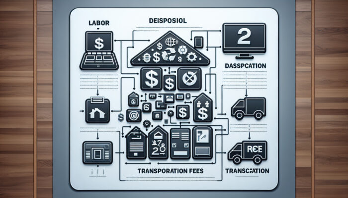 Infographic illustrating house clearance costs with sections on labour, disposal, and transportation, represented with icons and graphs.