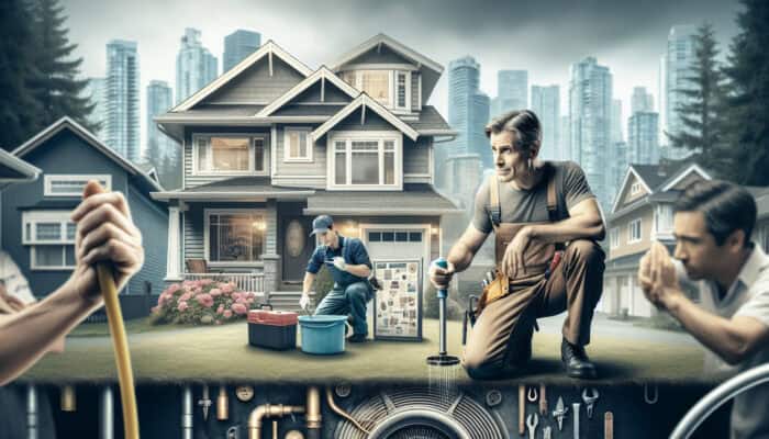 A North Vancouver homeowner observes a plumber repairing a drain, ensuring financial security and avoiding future costly damages.