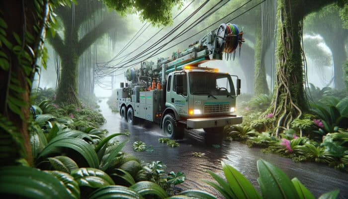 A North Vancouver drain service vehicle on a rainy day, navigating through lush vegetation with specialised equipment.