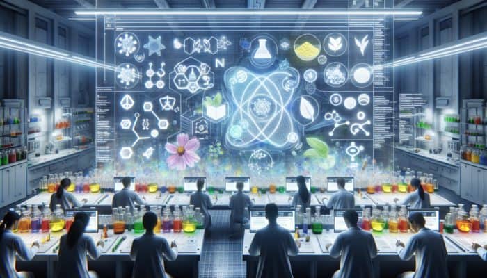 Futuristic lab with scientists blending vibrant plant-based ingredients, emphasising sustainability and transparency.