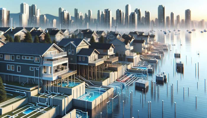Urban West End neighbourhood with elevated homes featuring integrated drainage systems near English Bay, preventing flooding.