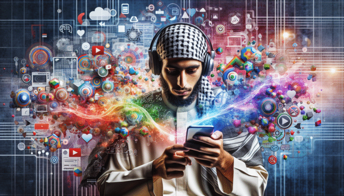 Optimising for Mobile Video Content: A person watching vibrant videos on a smartphone, with digital elements and statistics about mobile video consumption.