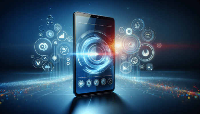 A smartphone screen displaying a video, surrounded by optimisation icons and graphs on a modern background.