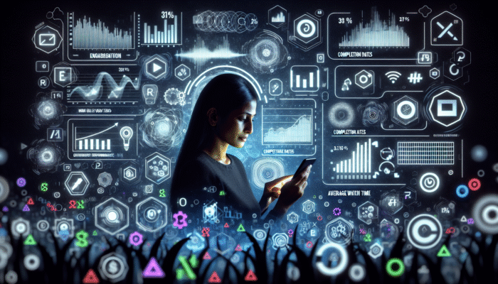 Individual analysing mobile video performance on smartphone with graphs depicting engagement, completion, and watch time using Google Analytics.