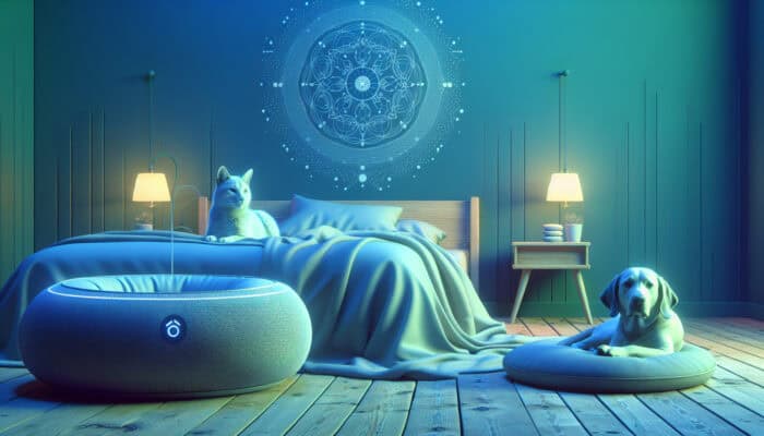 Bluetooth Speakers for Calming Pet Music: A serene bedroom with a pet bed, Bluetooth speaker playing soft music, and relaxed dog and cat in calming colours.