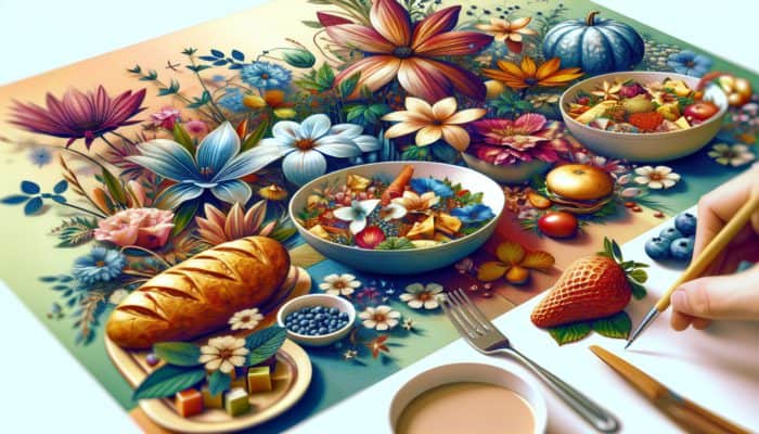 Dishes adorned with edible flowers, showcasing strategic placement, colour contrasts, and varying sizes.