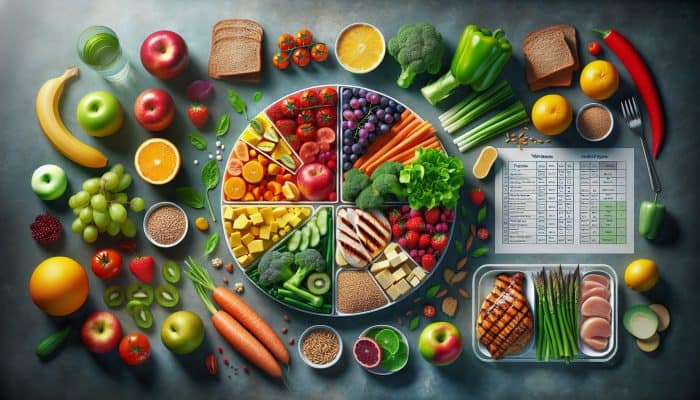 Healthy Eating for Energy Boost: A colourful UK meal with balanced portions of fruits, vegetables, grains, and proteins for optimal health.