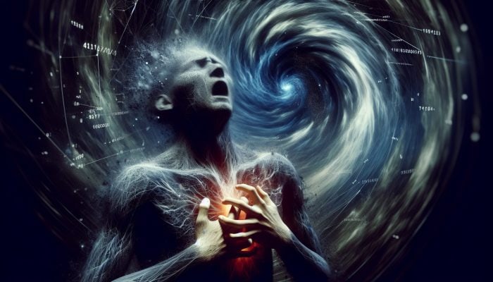 Foods for Panic Attack Relief: Person clutching chest, heart palpitations, surrounded by dark vortex symbolising fear and doom during panic attack.