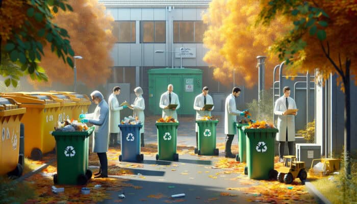 Autumn waste clearance with professionals auditing and using colour-coded bins: green for organic, blue for recyclables.