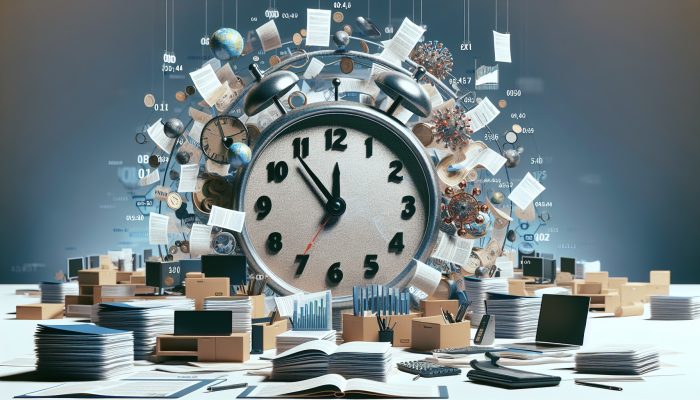 Debt Consolidation Loans for Small Debts: UK Guide | DCL A clock and scattered loan documents in a busy UK financial office, illustrating debt consolidation loan processing time.