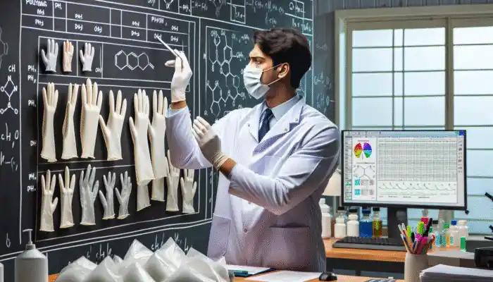 Individual in lab coat assessing polythene gauntlet gloves for thickness, durability, and chemical resistance in industrial and medical environments.