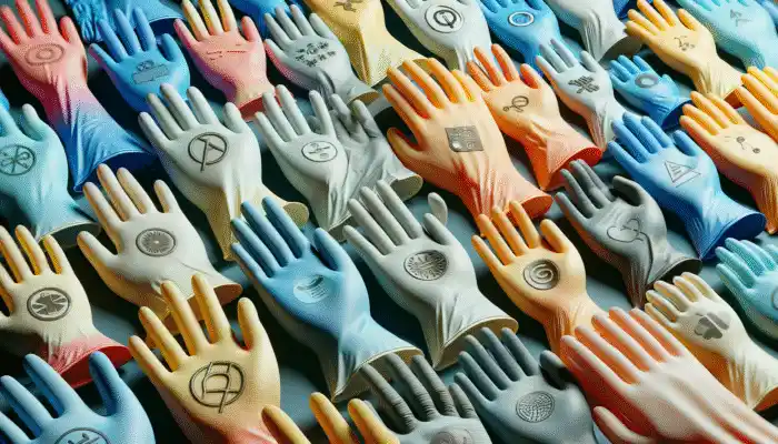 Customised polythene gauntlet gloves with logos, available in various sizes and colours, suited for healthcare and food service personnel.