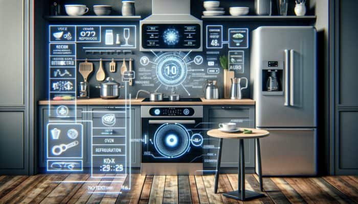 A smart kitchen featuring voice-activated control of oven, fridge, coffee maker, displaying recipe and timer.