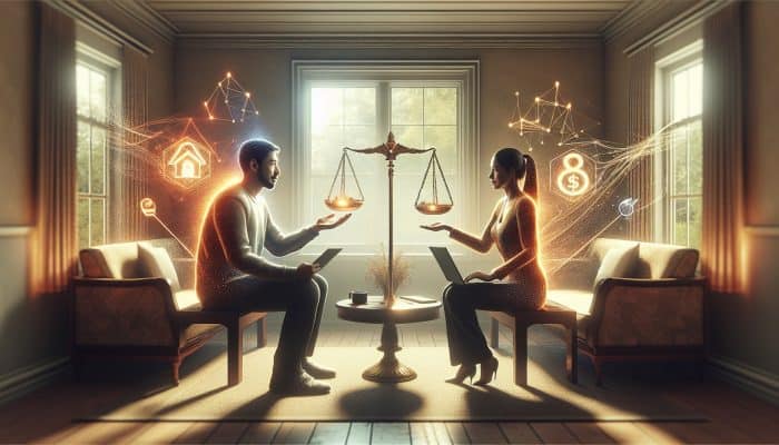 A couple in a cosy UK living room discussing financial strategies calmly with laptops and documents, symbolizing trust and collaboration.