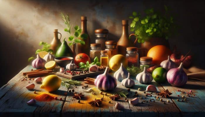 Garlic, herbs, spices, and citrus fruits on a rustic wooden table, enhancing flavours.
