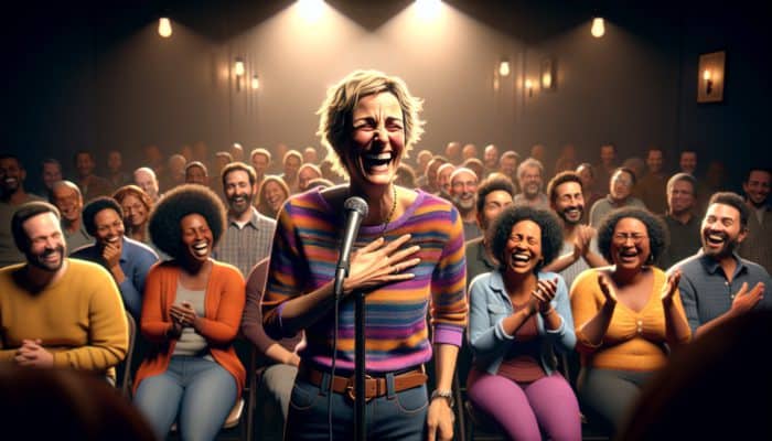 Comedian reacting spontaneously to audience, enhancing comedy with authentic humour.