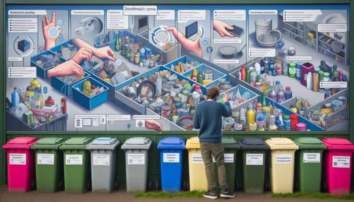 Person sorting household items into labelled bins at a UK recycling centre, with waste management signs in background.
