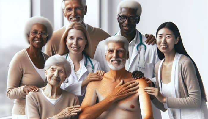 Elderly person with darker skin pigmentation indoors, at risk of vitamin D deficiency, undergoing a health check.