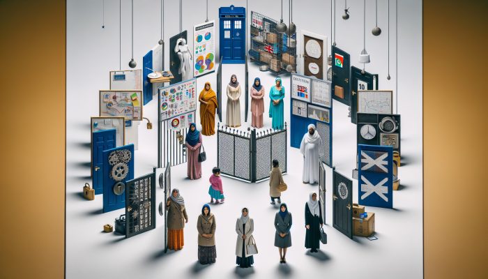 Diverse UK women facing healthcare barriers, symbolised by locked doors and cultural symbols.
