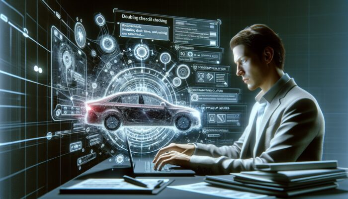 Person booking car online, checking details on a laptop with a checklist and confirmation email visible.