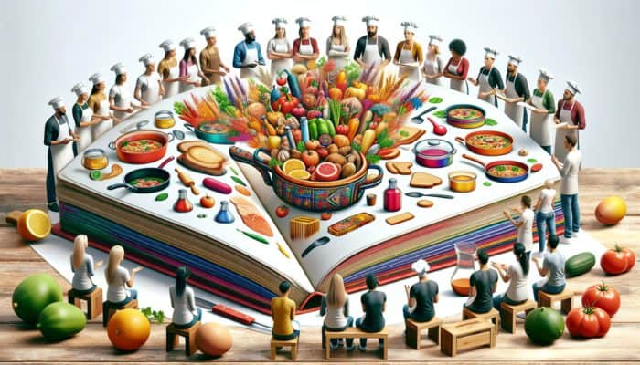 Inviting kitchen atmosphere with novice cooks learning simple recipes from expert chefs using an illustrated guidebook.