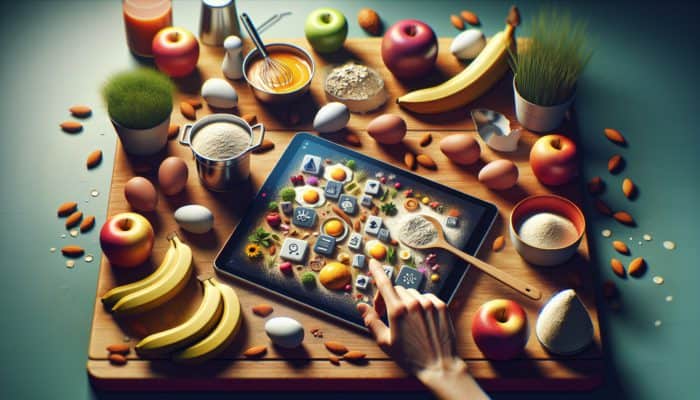 A beginner cook uses a tablet to learn about ingredient substitutions in a lively kitchen, surrounded by eggs, applesauce, bananas, almond flour, and oats.