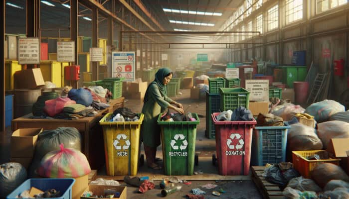 Individual sorting items into bins labelled for reuse, recycling, donation, with local facilities in background.