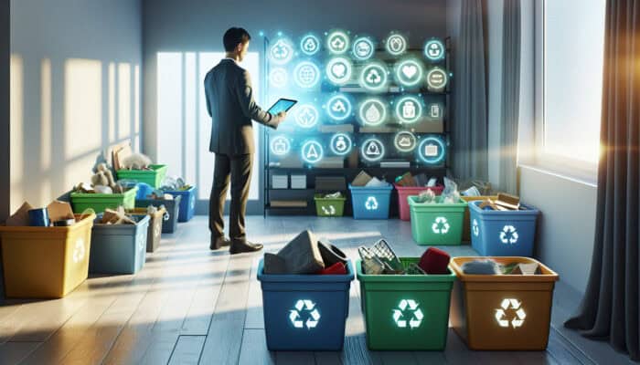 Individual sorting items into bins for recycling, reusing, donating, using a tablet with sustainability tips and local group contacts.