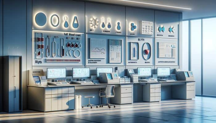 Modern laboratory in Blyth equipped with advanced automated blood analysers and screens displaying precise full blood count results.